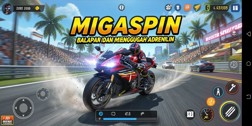 Screenshot dari gameplay MIGASPIN yang menampilkan balapan motor yang seru.
